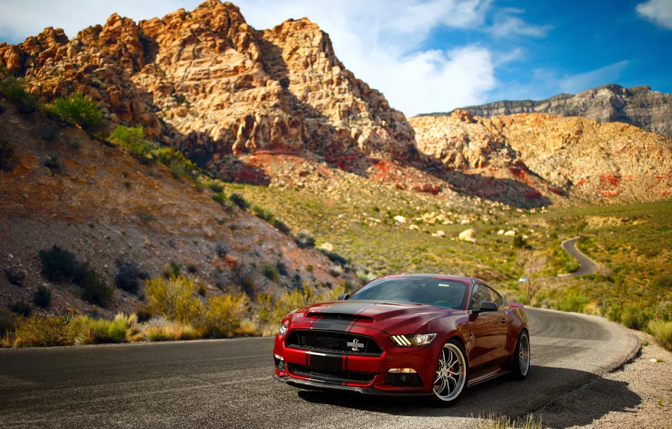 Photo wallpaper road, the sky, mountains, rocks, Mustang, Ford, Shelby, Super Snake