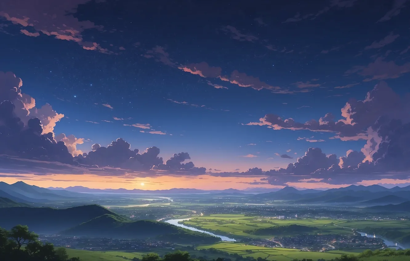 Photo wallpaper city, river, sky, trees, landscape, nature, sunset, anime