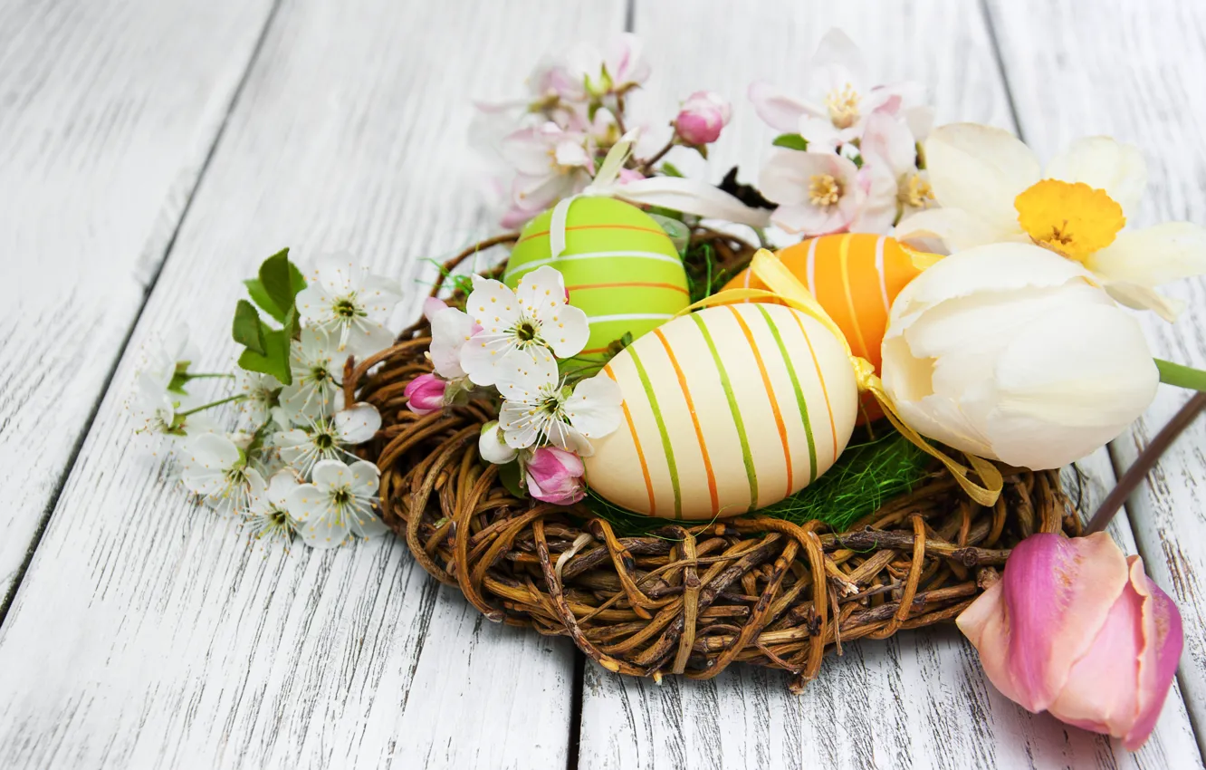 Photo wallpaper flowers, eggs, spring, colorful, Easter, happy, wood, blossom