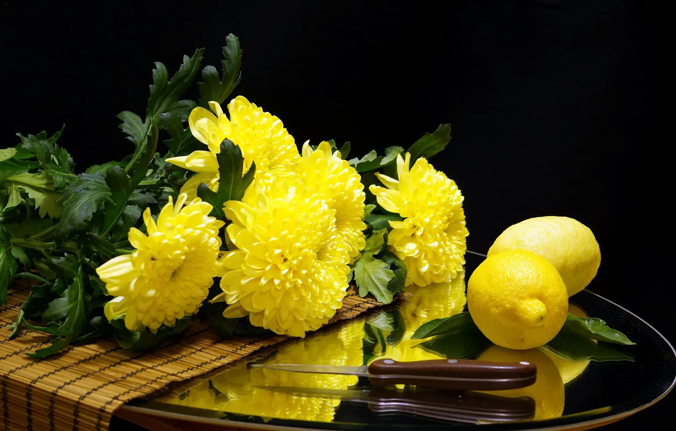 Photo wallpaper flowers, lemon, knife, citrus, chrysanthemum