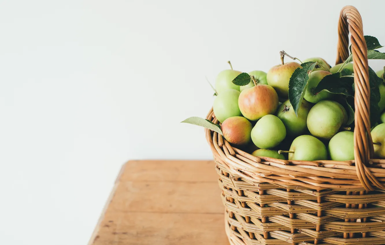 Photo wallpaper leaves, green, table, apples, harvest, white background, basket