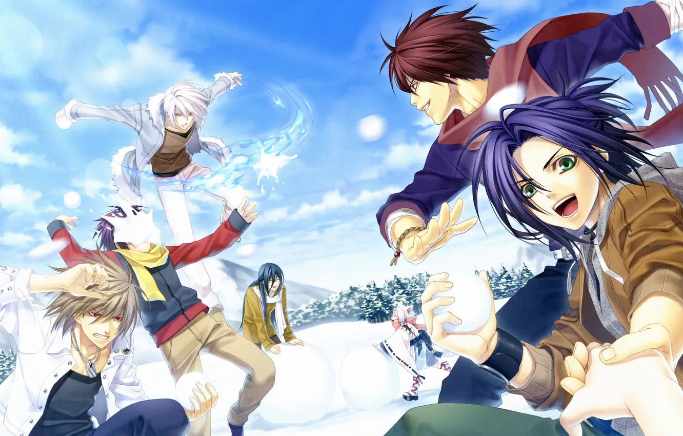 Photo wallpaper winter, the sky, clouds, snow, tree, anime, art, guy