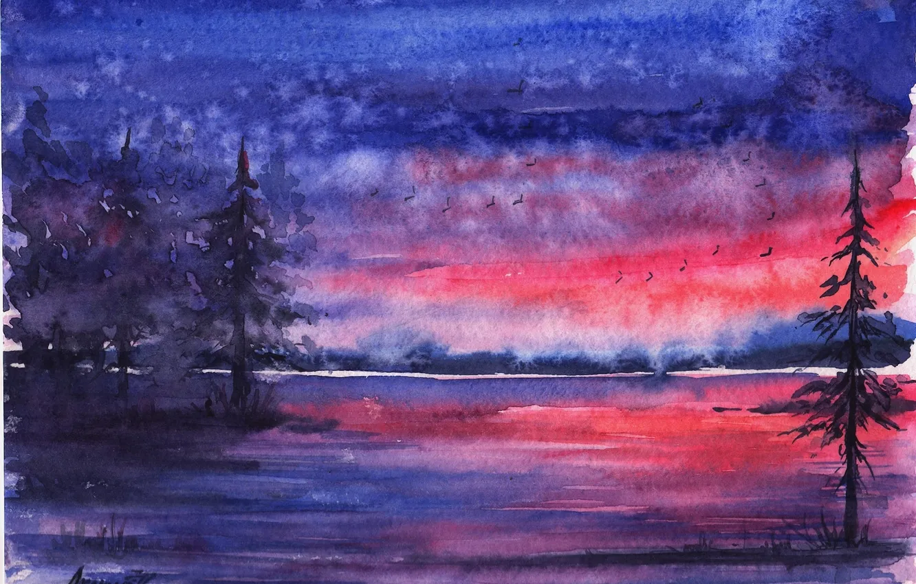 Photo wallpaper forest, sunset, birds, river, the evening, watercolor, tree, painted landscape