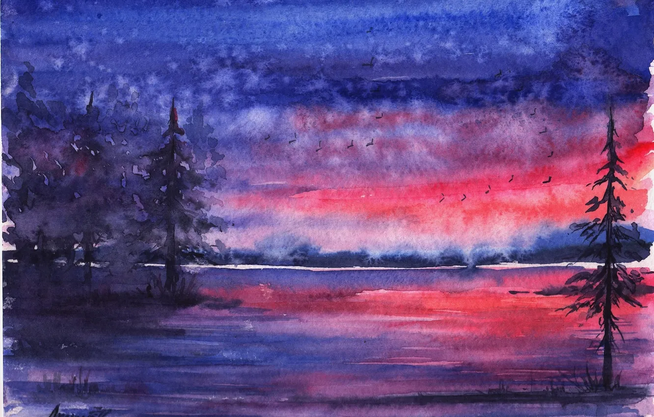 Photo wallpaper forest, sunset, river, bird, tree, the evening, watercolor, painted landscape