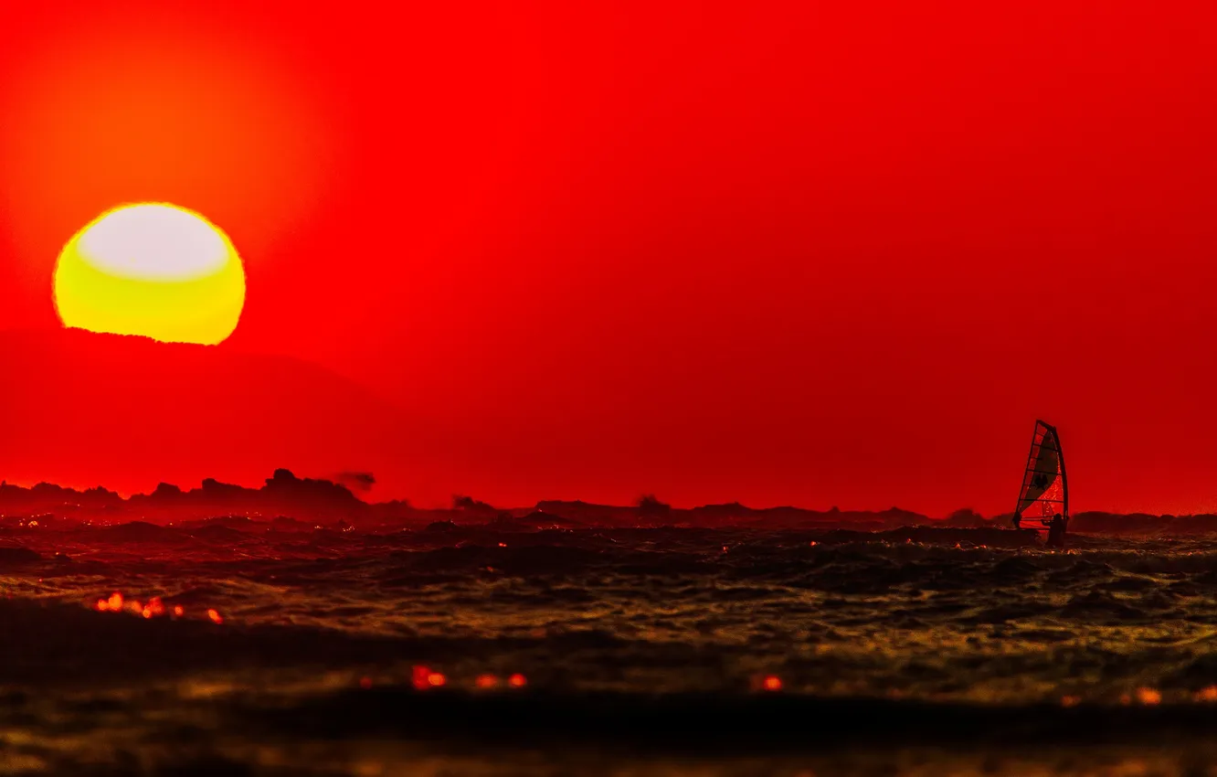 Photo wallpaper sea, wave, the sky, the sun, sunset