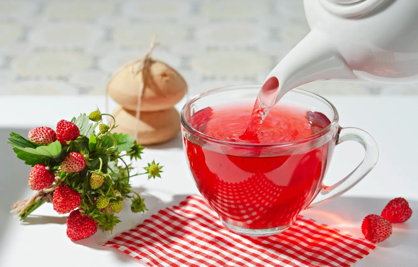 Photo wallpaper white, red, berries, table, tea, kettle, cookies, strawberries