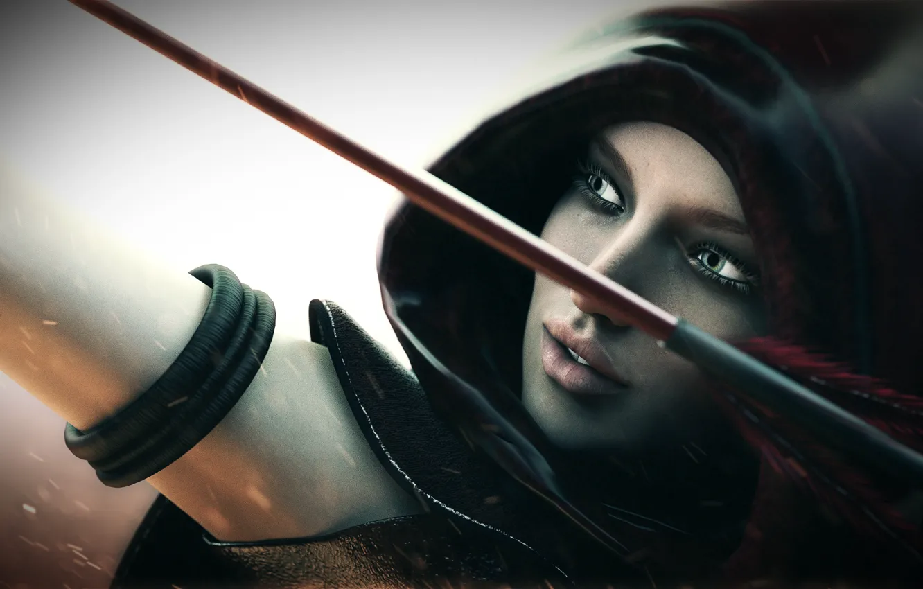 Photo wallpaper girl, bow, Archer, hood, arrows