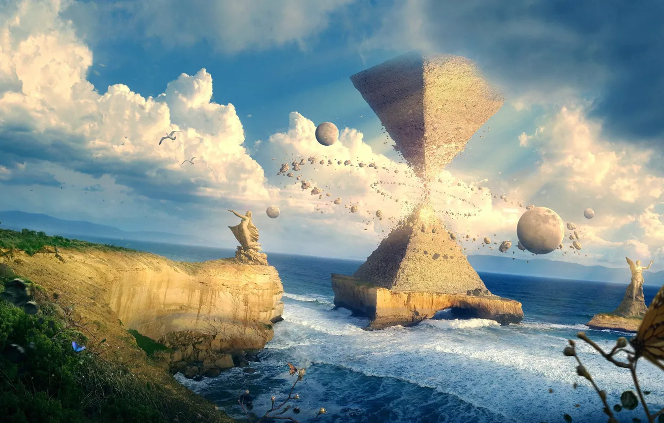 Photo wallpaper pyramid, clouds, gods hourglass, the sky, balls, butterfly, sea, shore