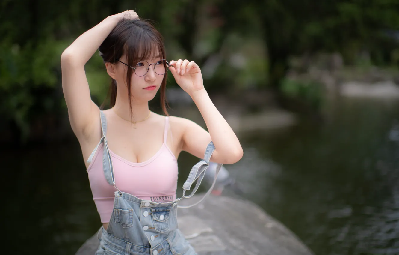 Photo wallpaper pond, Park, model, portrait, makeup, Mike, glasses, hairstyle