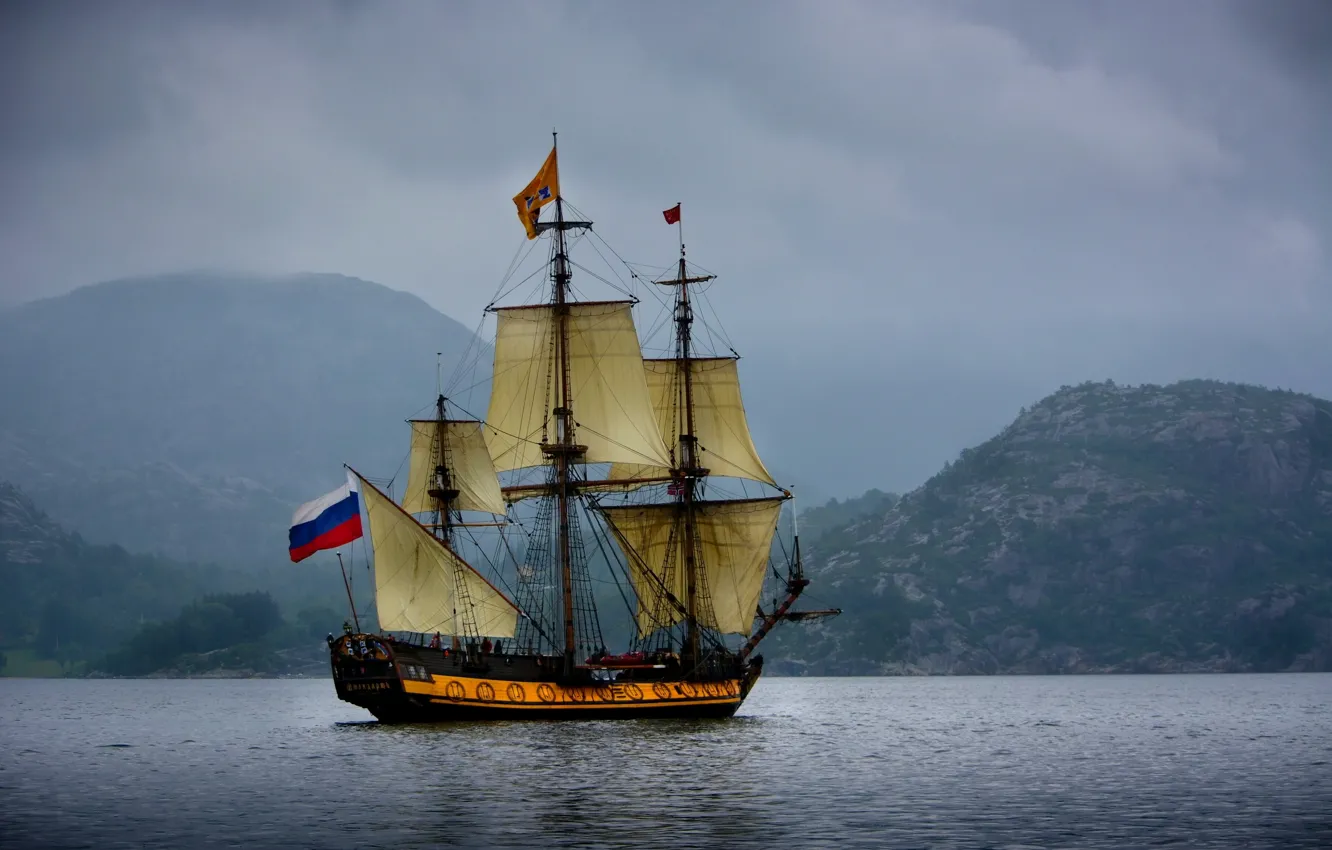 Photo wallpaper sea, mountains, sailboat, Norway, frigate, Norway, The Norwegian sea, Norwegian Sea