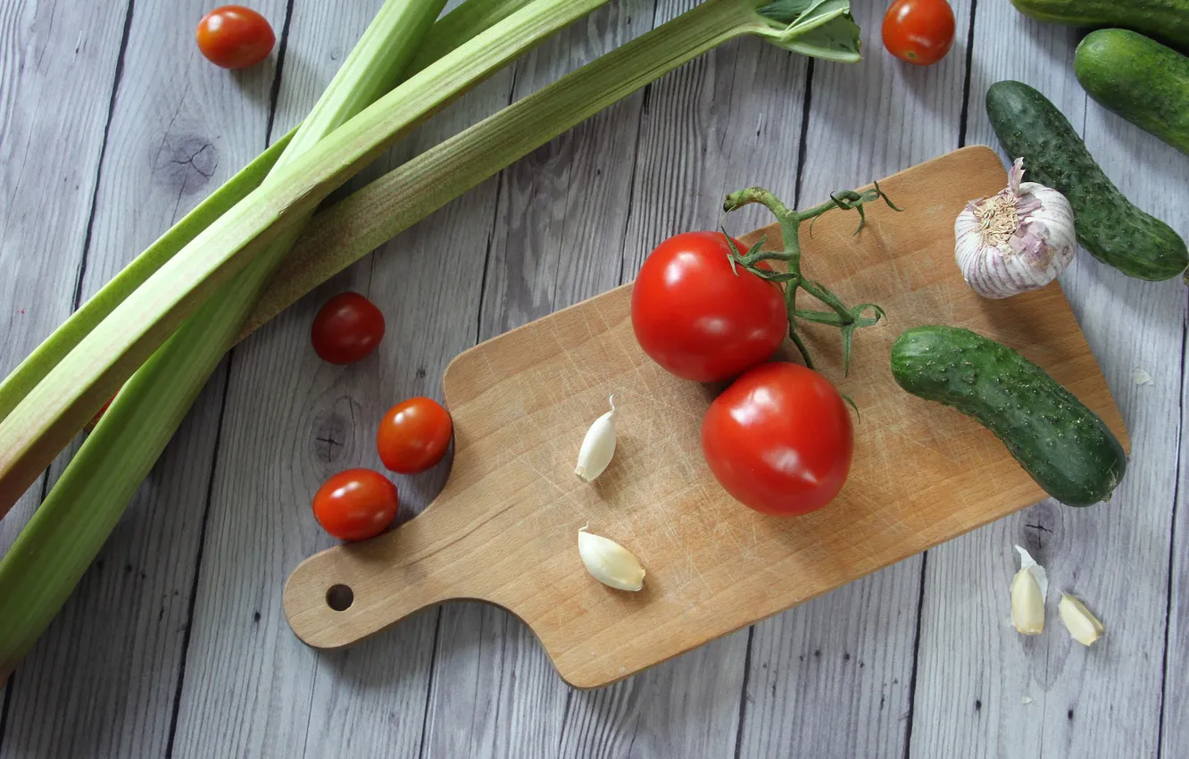 Photo wallpaper greens, Vegetables, tomatoes, garlic