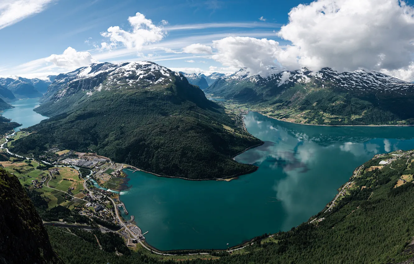 Photo wallpaper the sky, clouds, snow, mountains, lake, river, blue, shore
