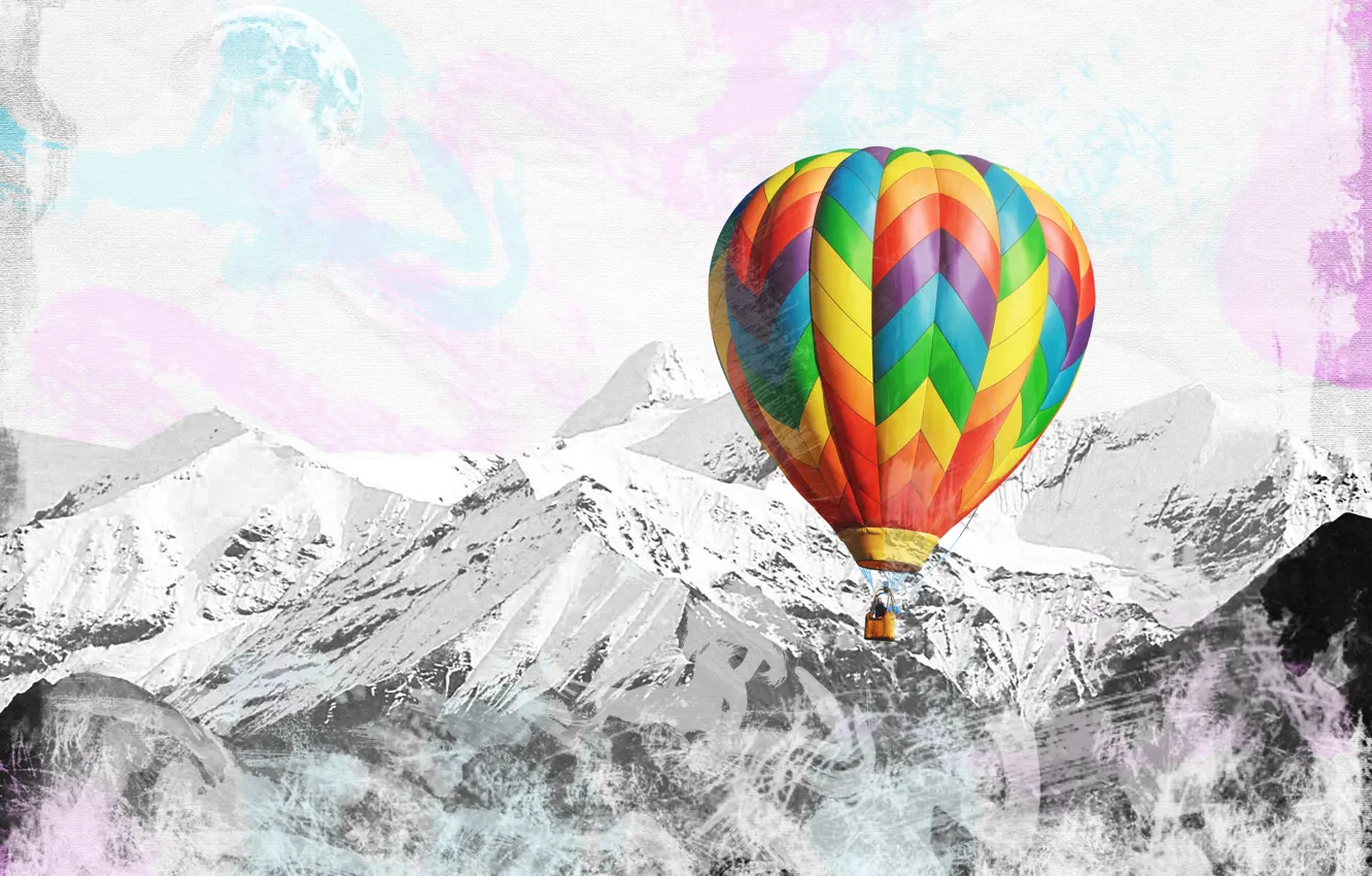 Photo wallpaper landscape, mountains, balls, the moon, air, vintage