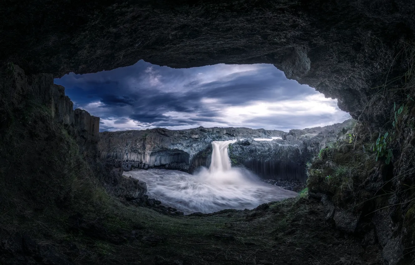 Photo wallpaper mountains, stones, rocks, view, waterfall, cave, arch