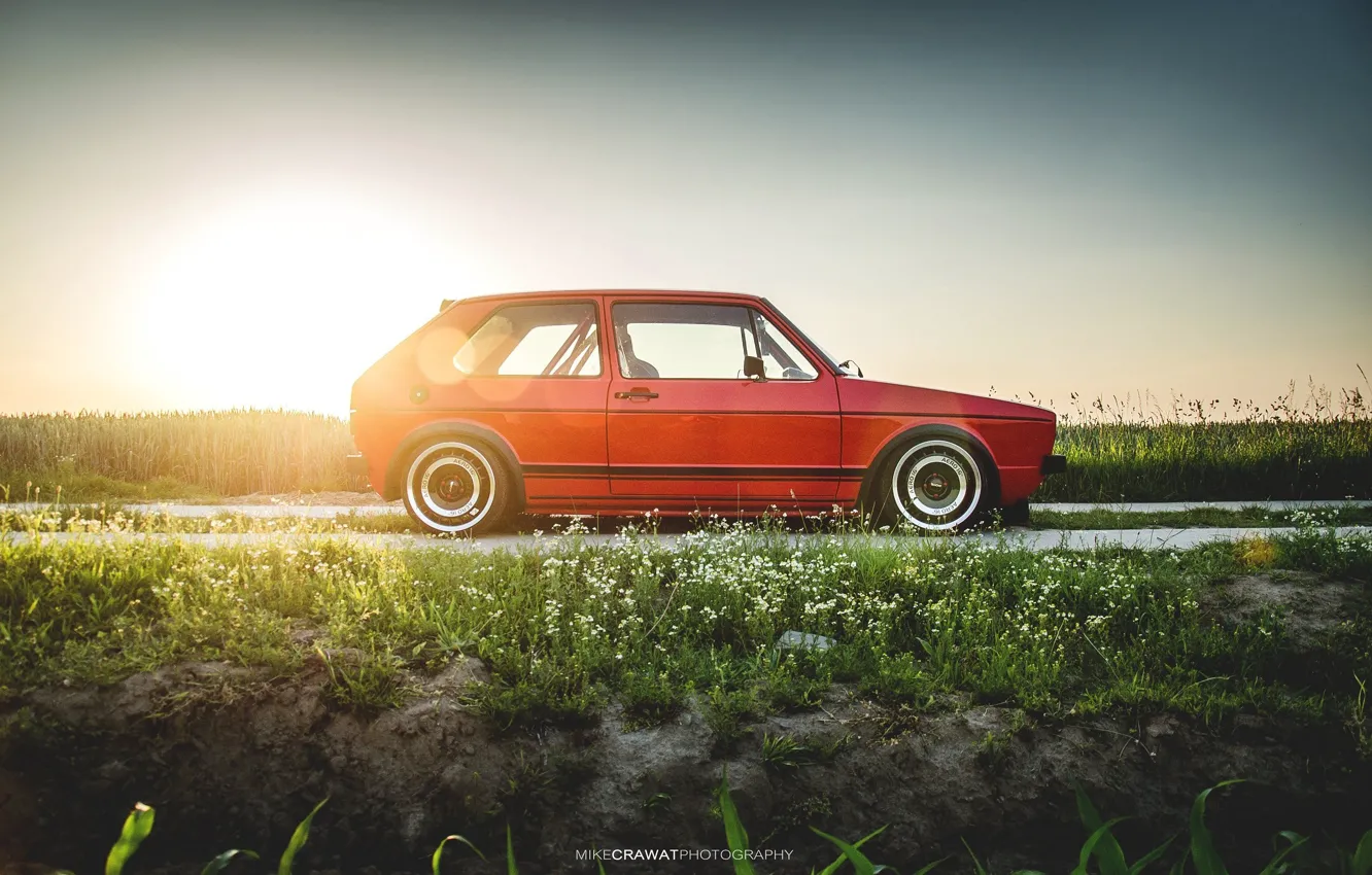 Photo wallpaper Sunset, The sun, Red, Auto, Volkswagen, Machine, Golf, Volkswagen Golf