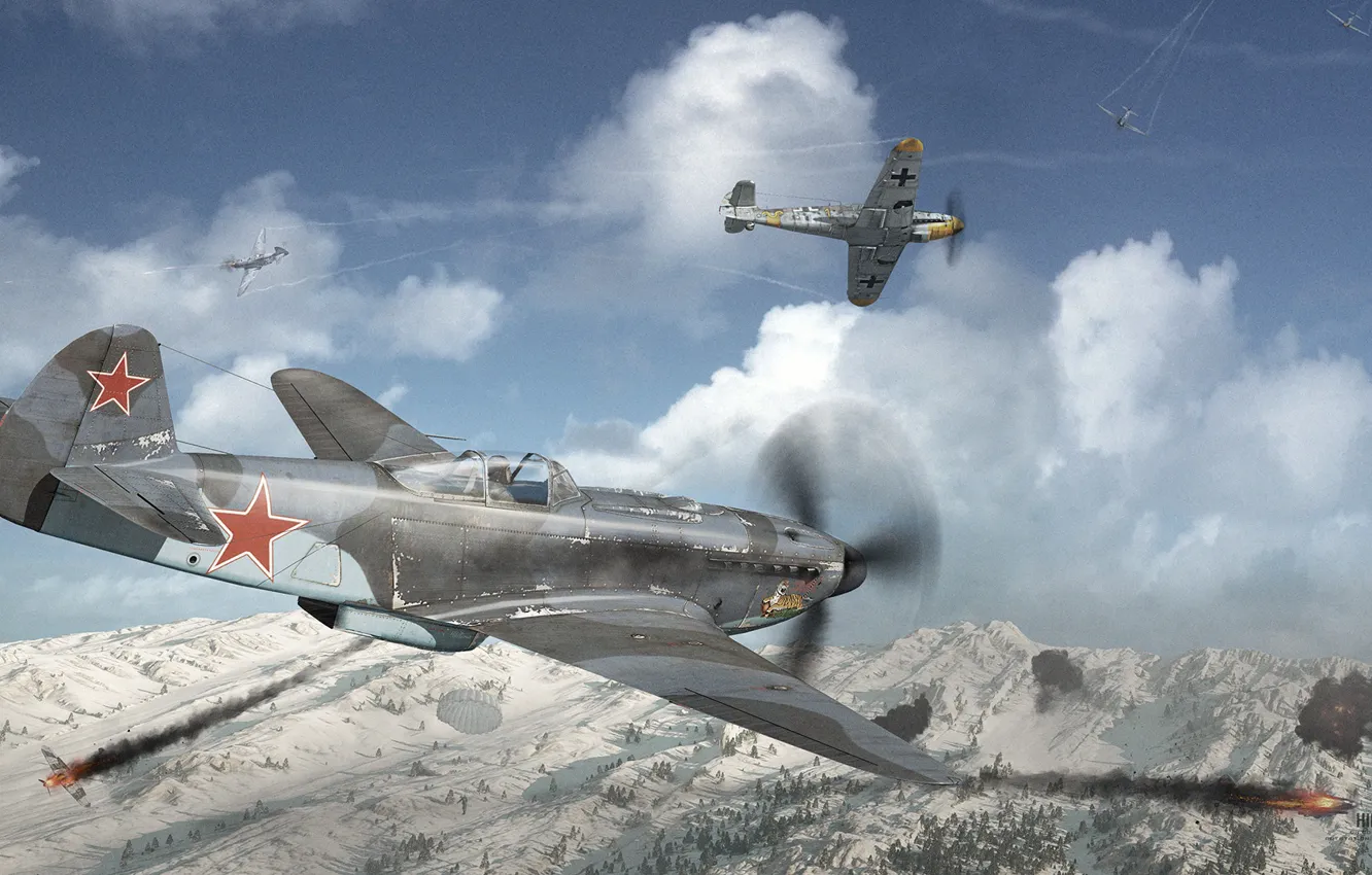 Photo wallpaper the sky, mountains, battle, the battle, the plane, Yak-9u Vs Bf 109G 6