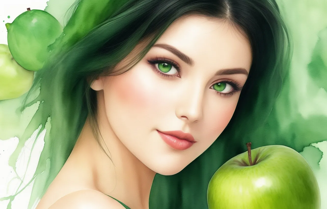 Photo wallpaper girl, green, green, black, woman, apples, figure, apple