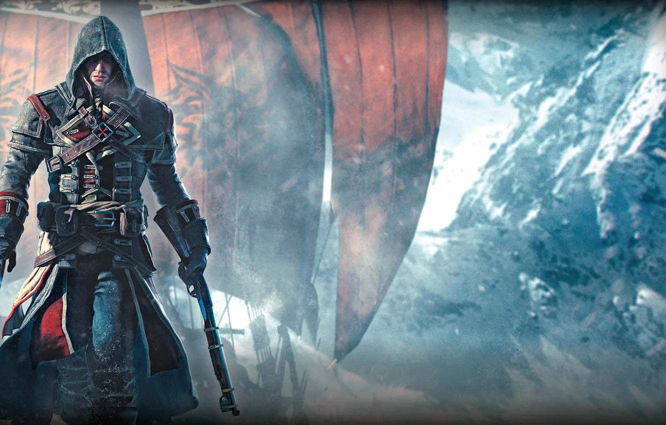 Photo wallpaper snow, weapons, ship, ice, hands, hood, Templar, sails