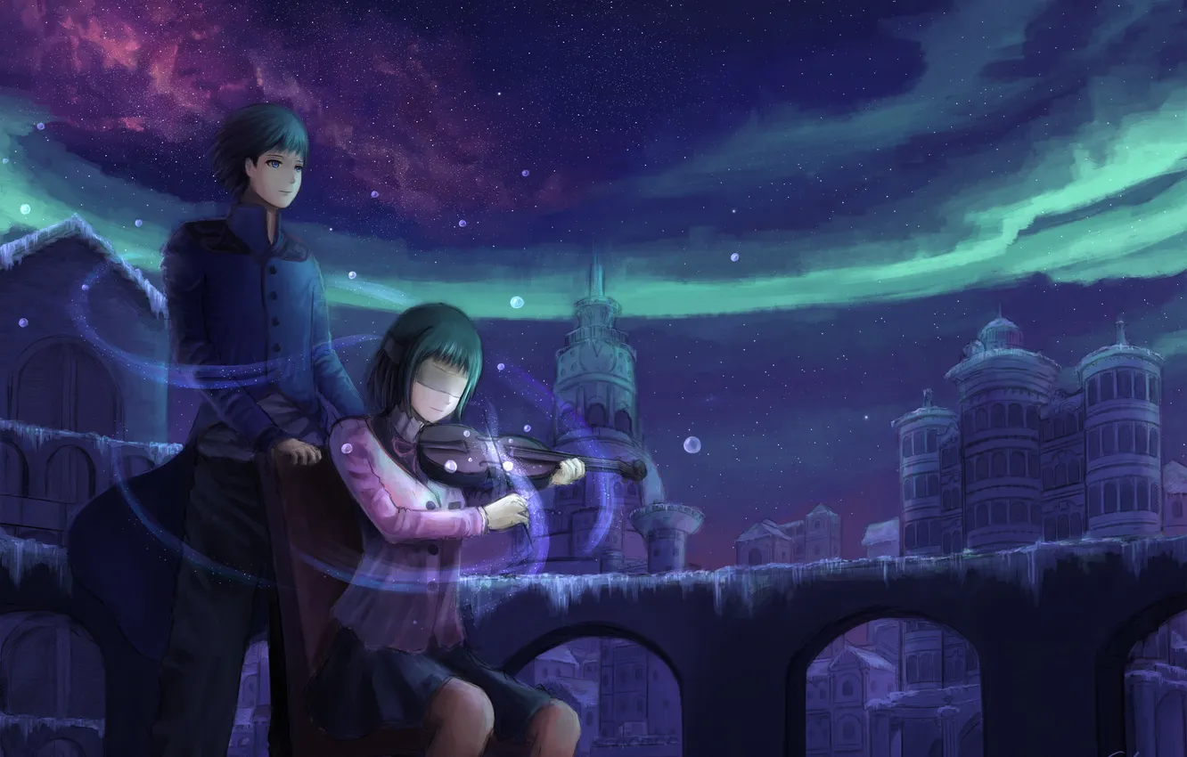 Photo wallpaper the sky, girl, stars, night, the city, bubbles, violin, home