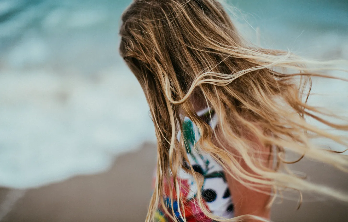 Photo wallpaper beach, the wind, hair, girl