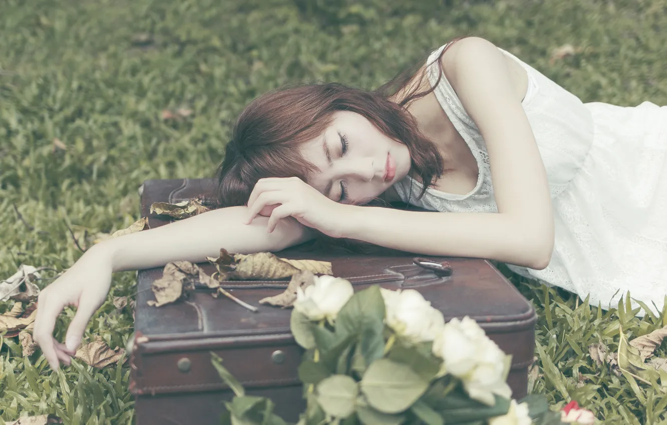Photo wallpaper girl, suitcase, Asian