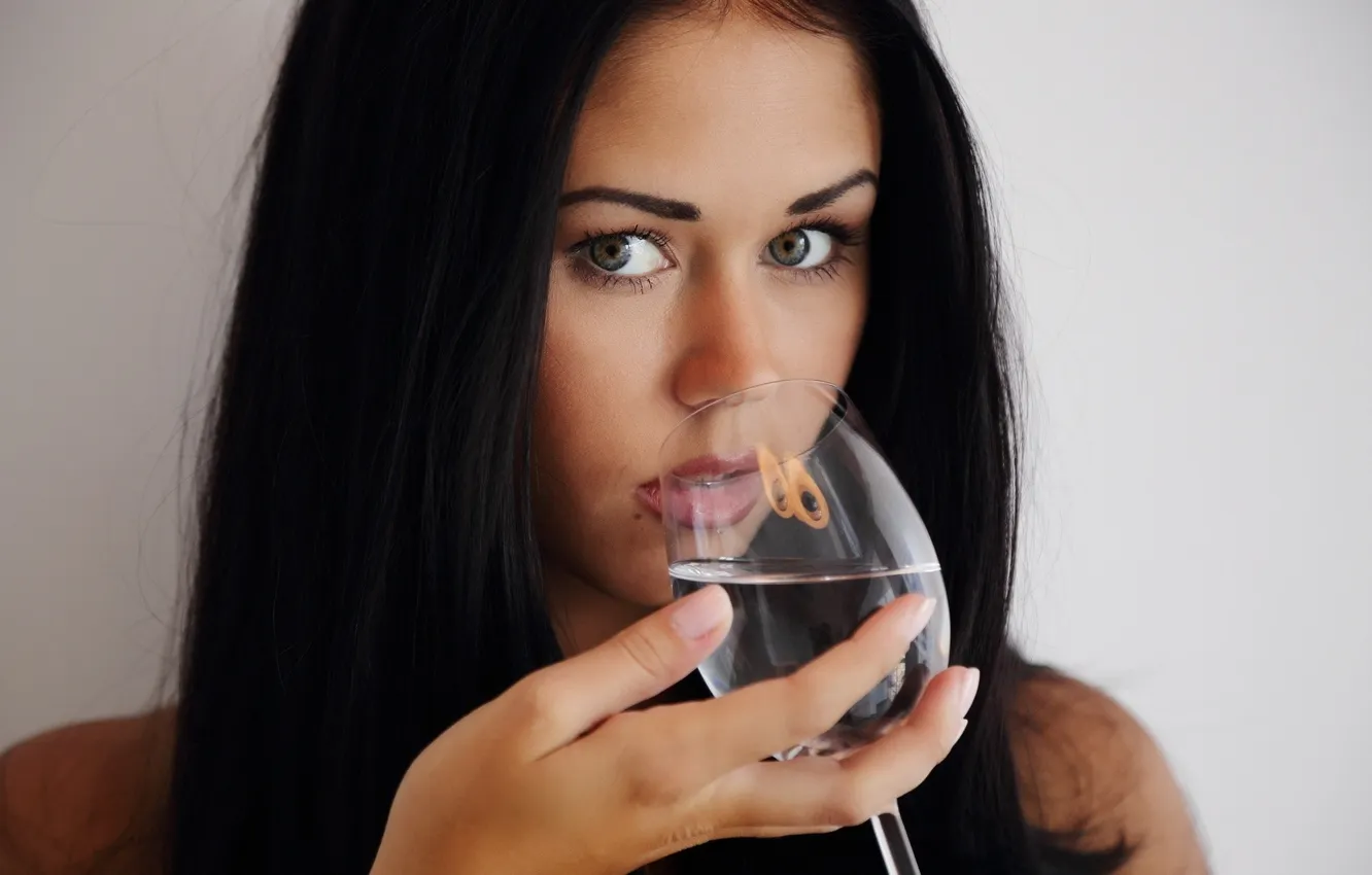 Photo wallpaper eyes, water, glass, hair, lips, eyebrows, Macy B, attractiveness
