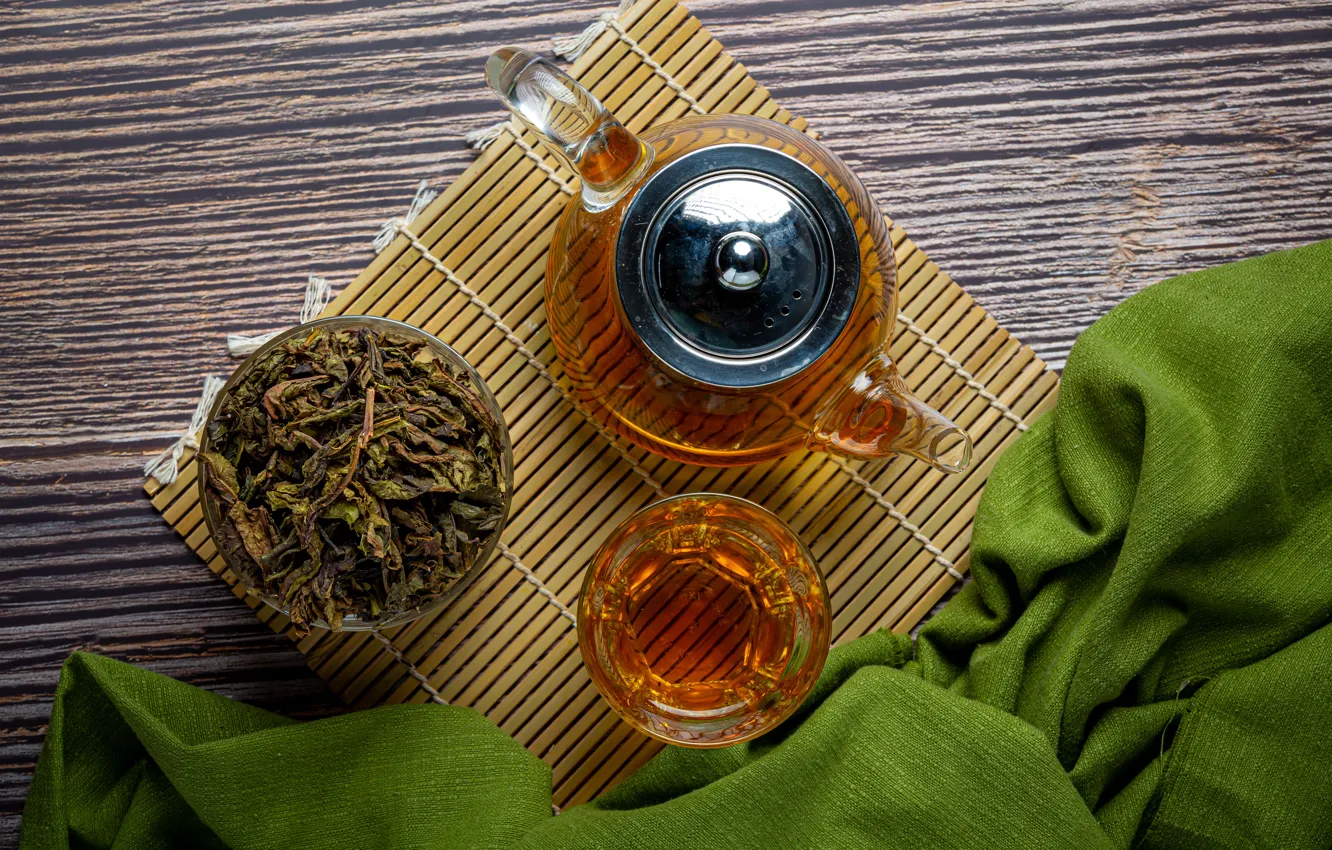 Photo wallpaper glass, glass, green, tea, Board, kettle, Cup, fabric