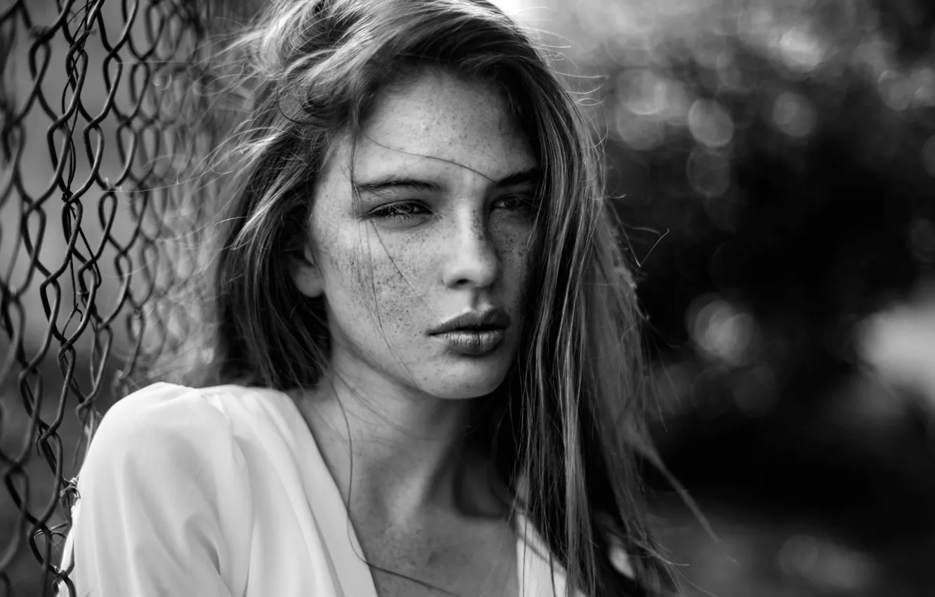 Photo wallpaper look, girl, mesh, portrait, black and white photo, bokeh