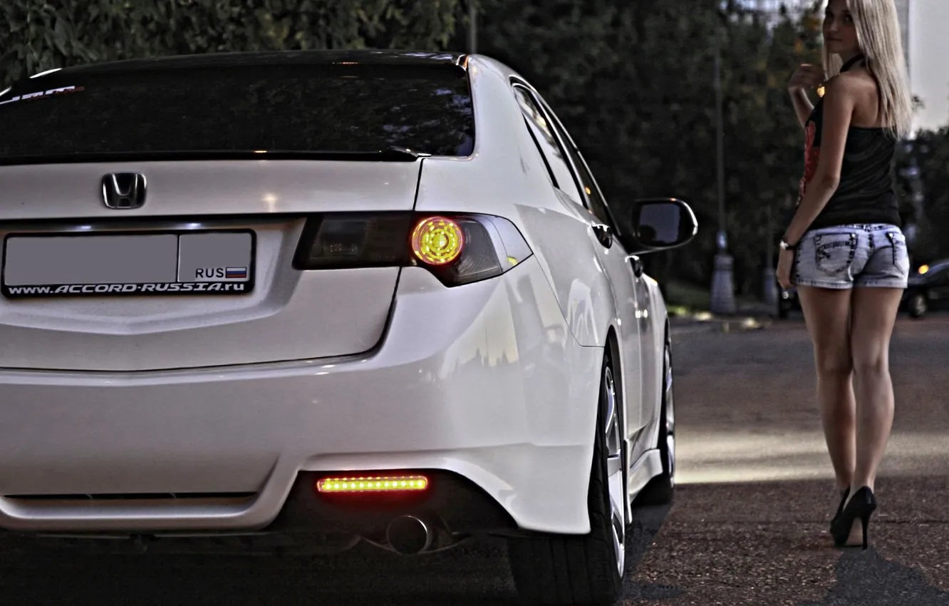 Photo wallpaper road, look, girl, lights, blonde, Honda, white car