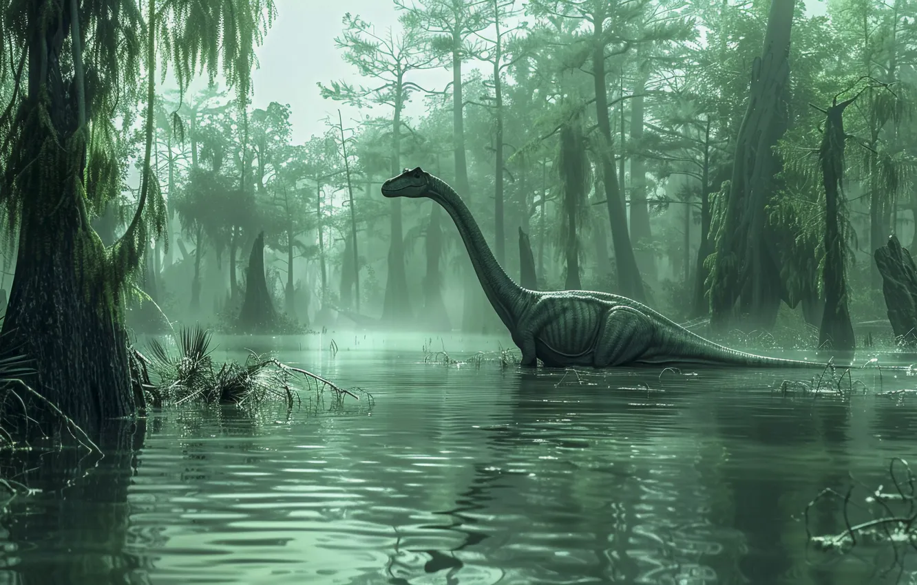 Photo wallpaper water, trees, lake, animal, dinosaur, digital art, Ancient animals, Extinct animals
