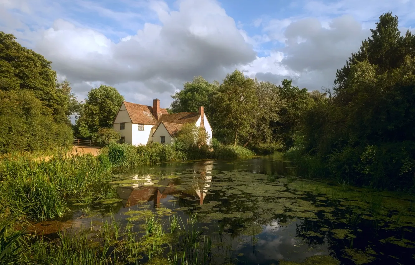 Photo wallpaper summer, clouds, trees, house, pond, river, house
