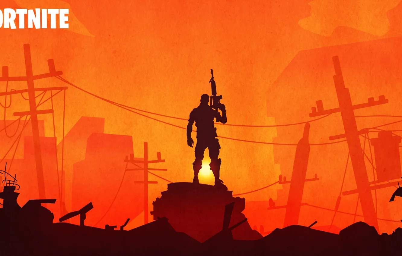 Photo wallpaper warrior, silhouette, ruins, Fortnite