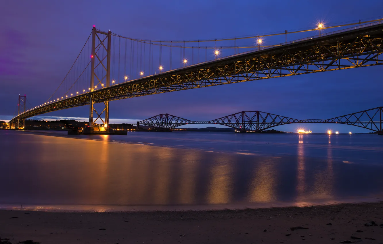Photo wallpaper purple, the sky, night, blue, bridge, lights, river, Scotland