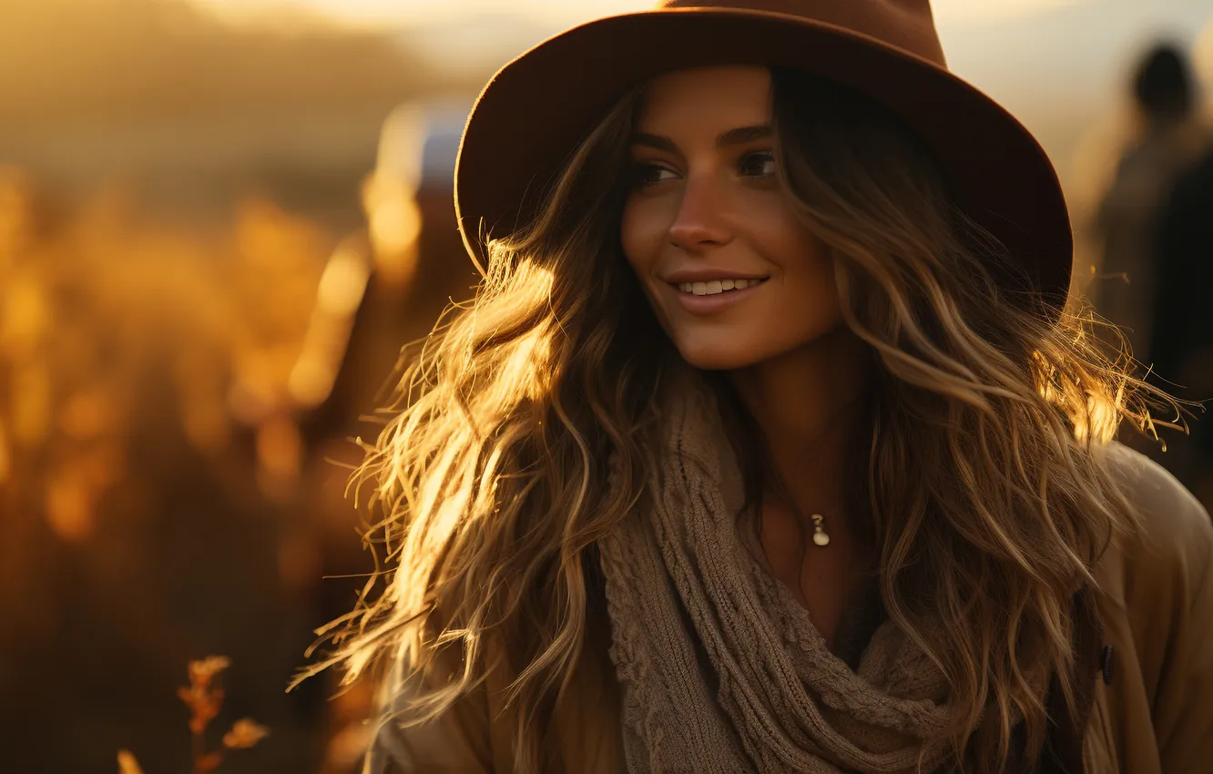 Photo wallpaper field, look, girl, light, nature, face, smile, portrait