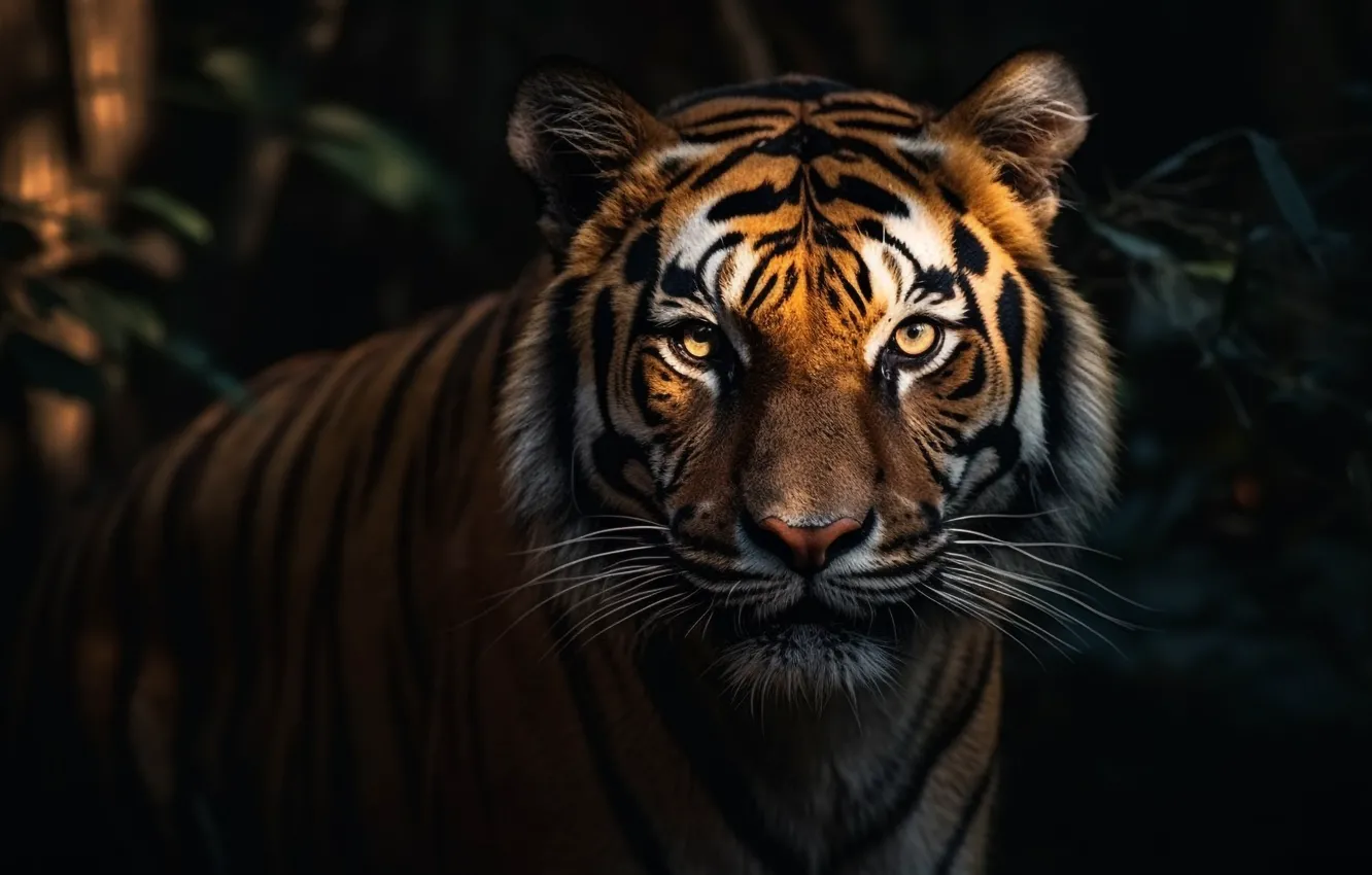 Photo wallpaper look, face, nature, tiger, pose, the dark background, AI art, neural network