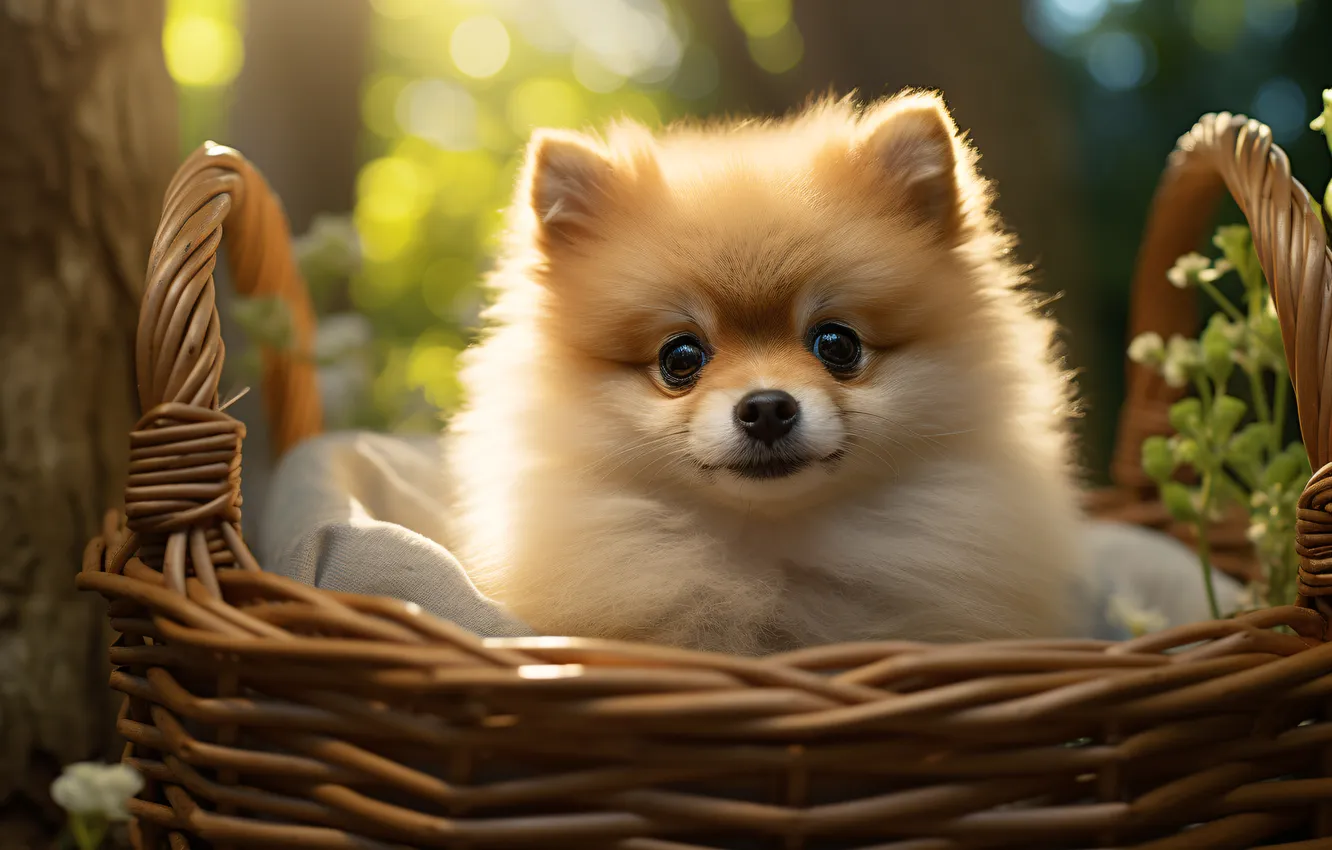 Photo wallpaper look, light, nature, dog, puppy, face, basket, bokeh