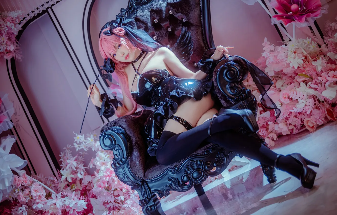 Photo wallpaper girl, pose, chair, anime, sitting, cosplay, pink hair