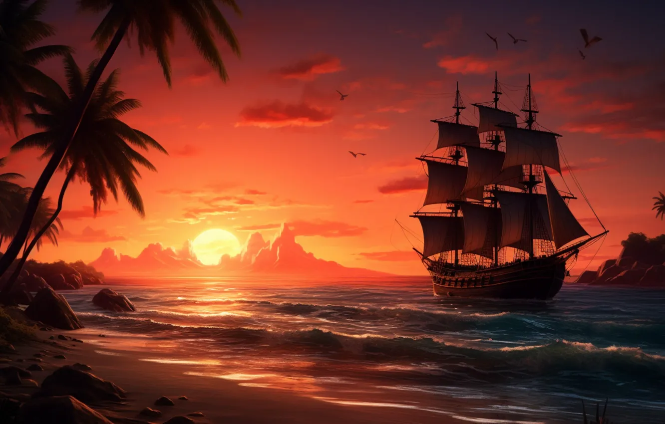 Photo wallpaper sea, water, sunset, ship, sailboat, The ship, pond, swimming