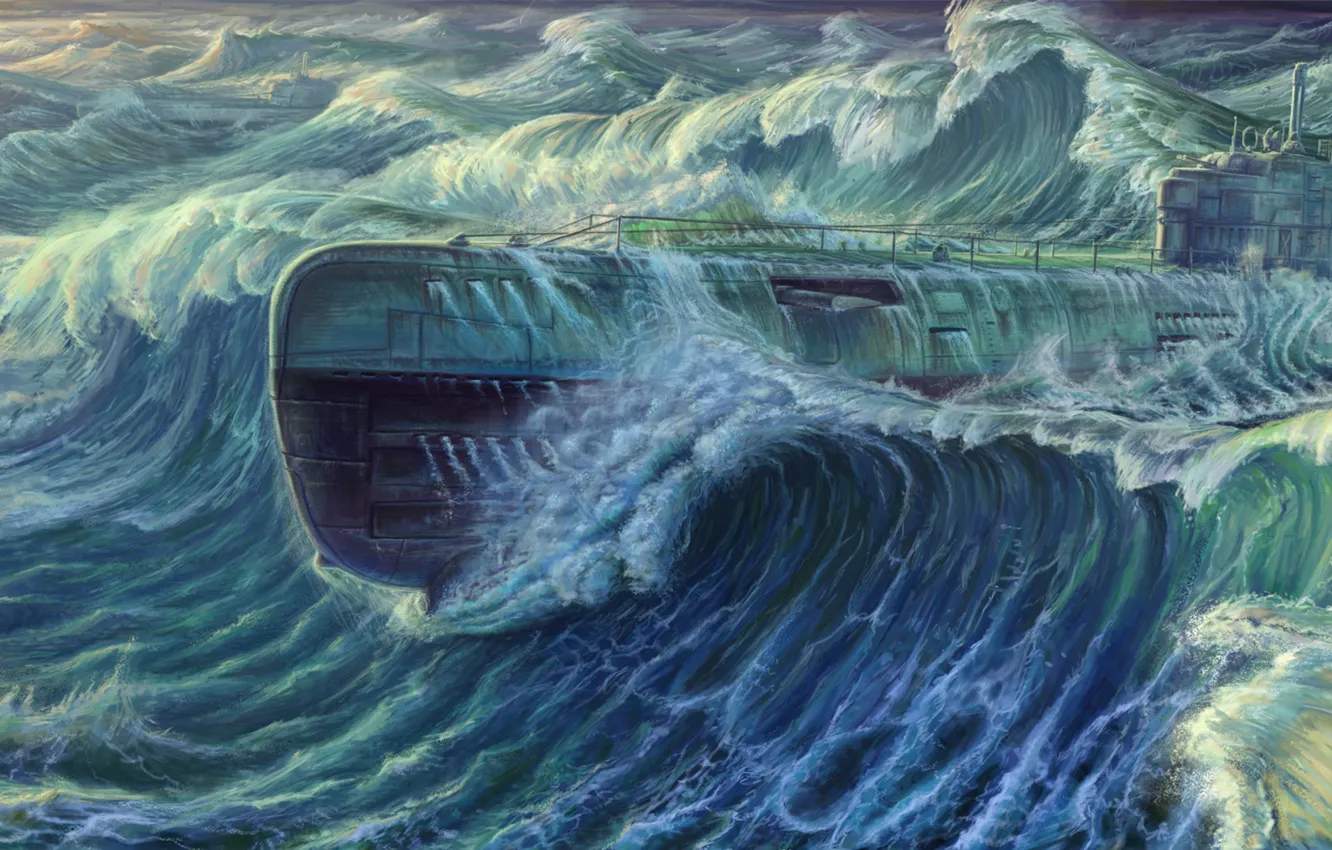 Photo wallpaper sea, wave, submarine, submarine