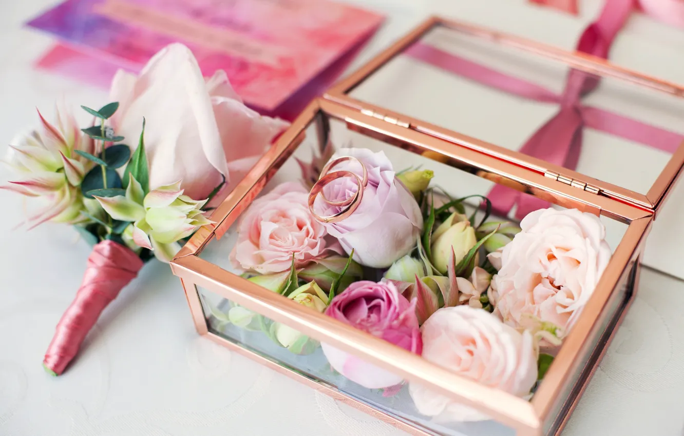 Photo wallpaper holiday, box, roses, ring, wedding, the bride's bouquet