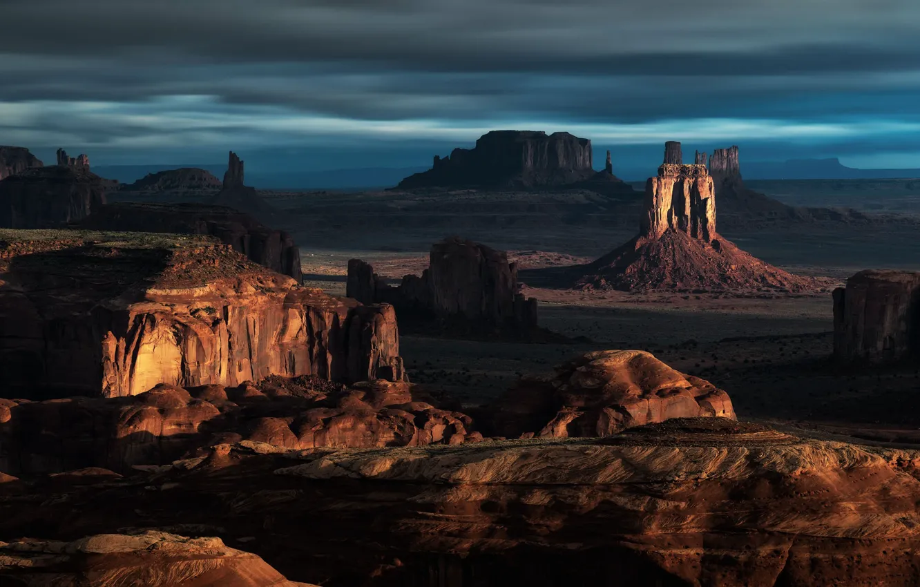 Photo wallpaper the sky, clouds, clouds, nature, rocks, desert, USA, Monument valley