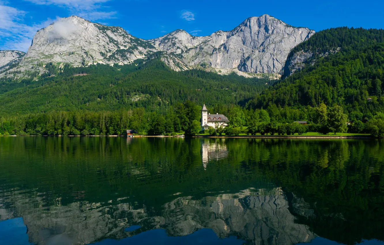 Photo wallpaper forest, mountains, reflection, Church, house, pond