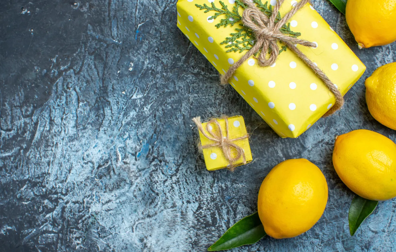 Photo wallpaper leaves, yellow, box, gift, lemon, new year, rope, Christmas