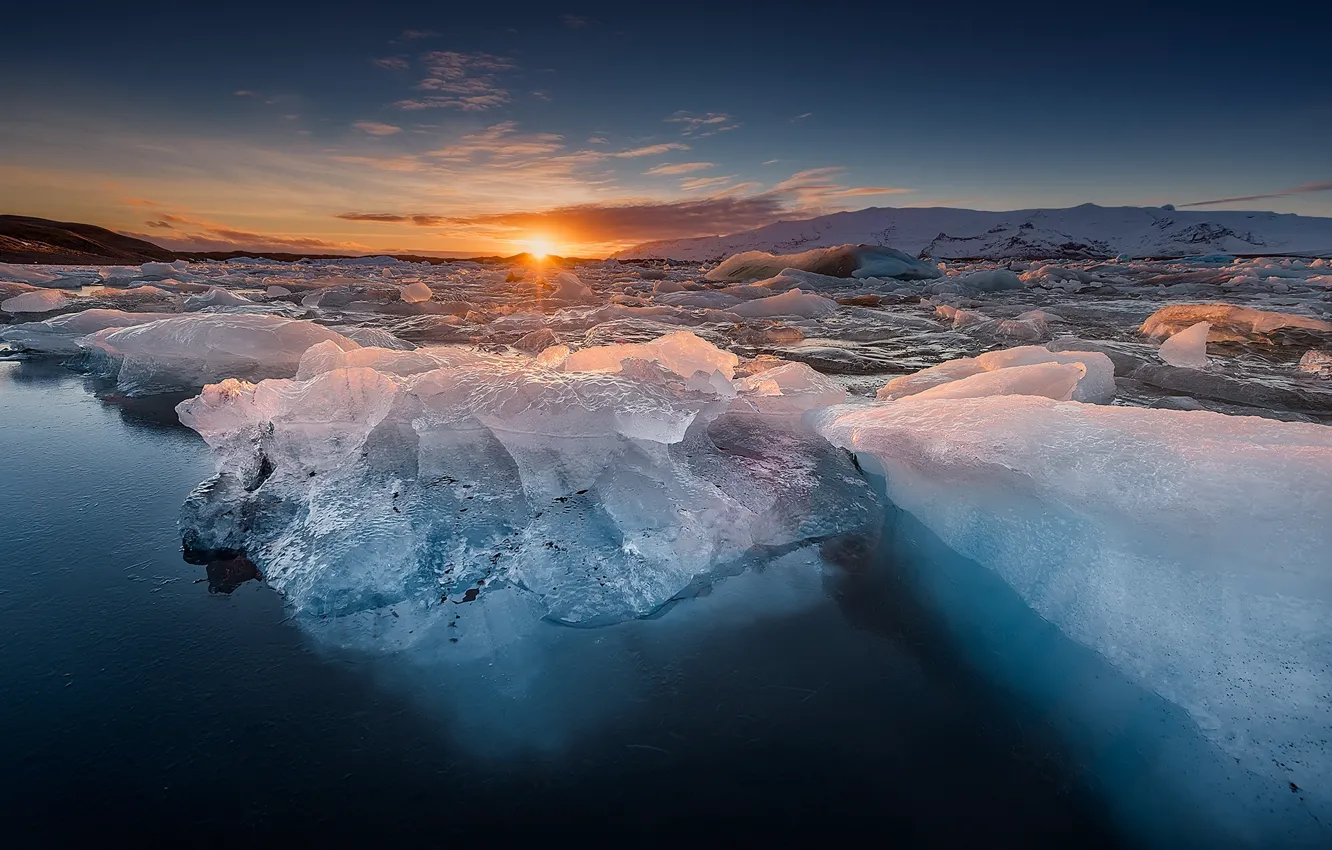 Photo wallpaper ice, water, the sun, snow, dawn
