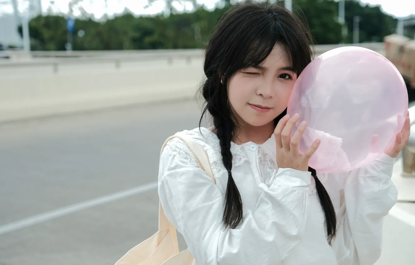 Photo wallpaper woman, model, pretty, asian, outdoor, wink, Baloon