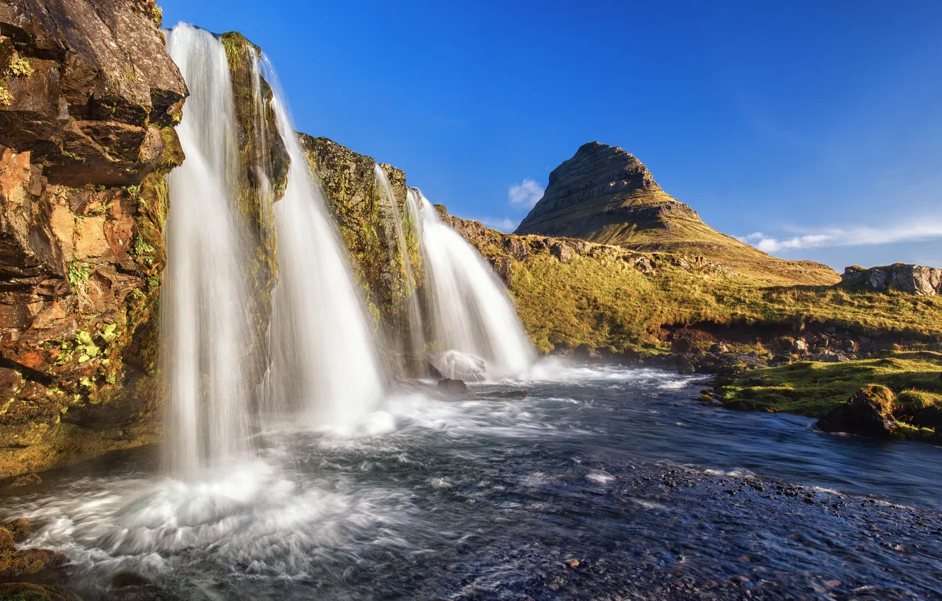 Photo wallpaper the sky, mountain, waterfall, Iceland, Kirkjufell