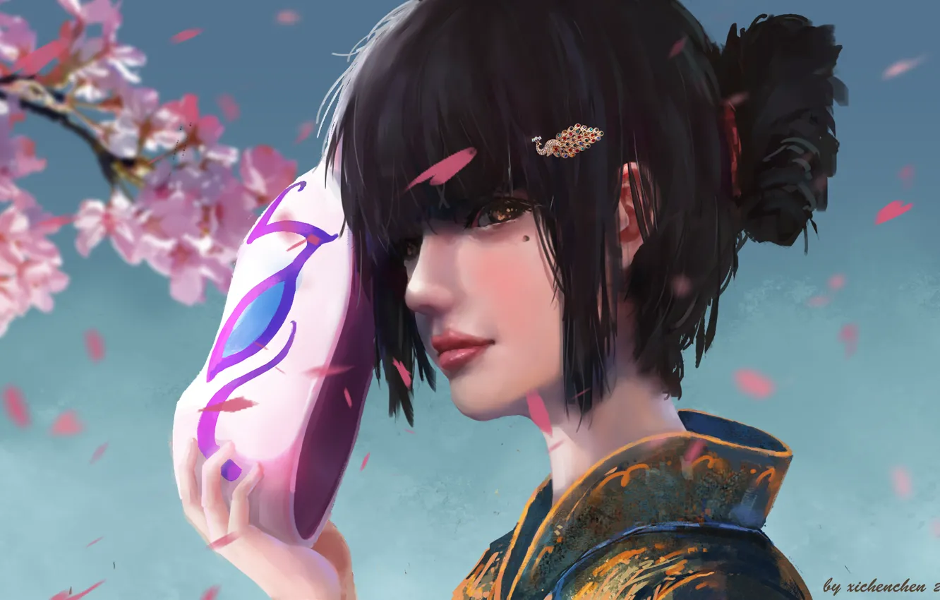 Photo wallpaper girl, Sakura, mask, by xichechen