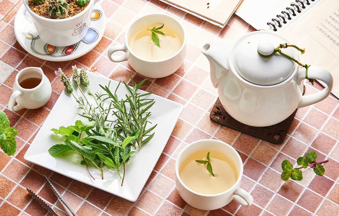Photo wallpaper tea, Cup, drink, grass, teapot