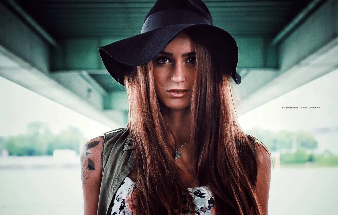 Photo wallpaper look, bridge, background, model, portrait, hat, makeup, tattoo