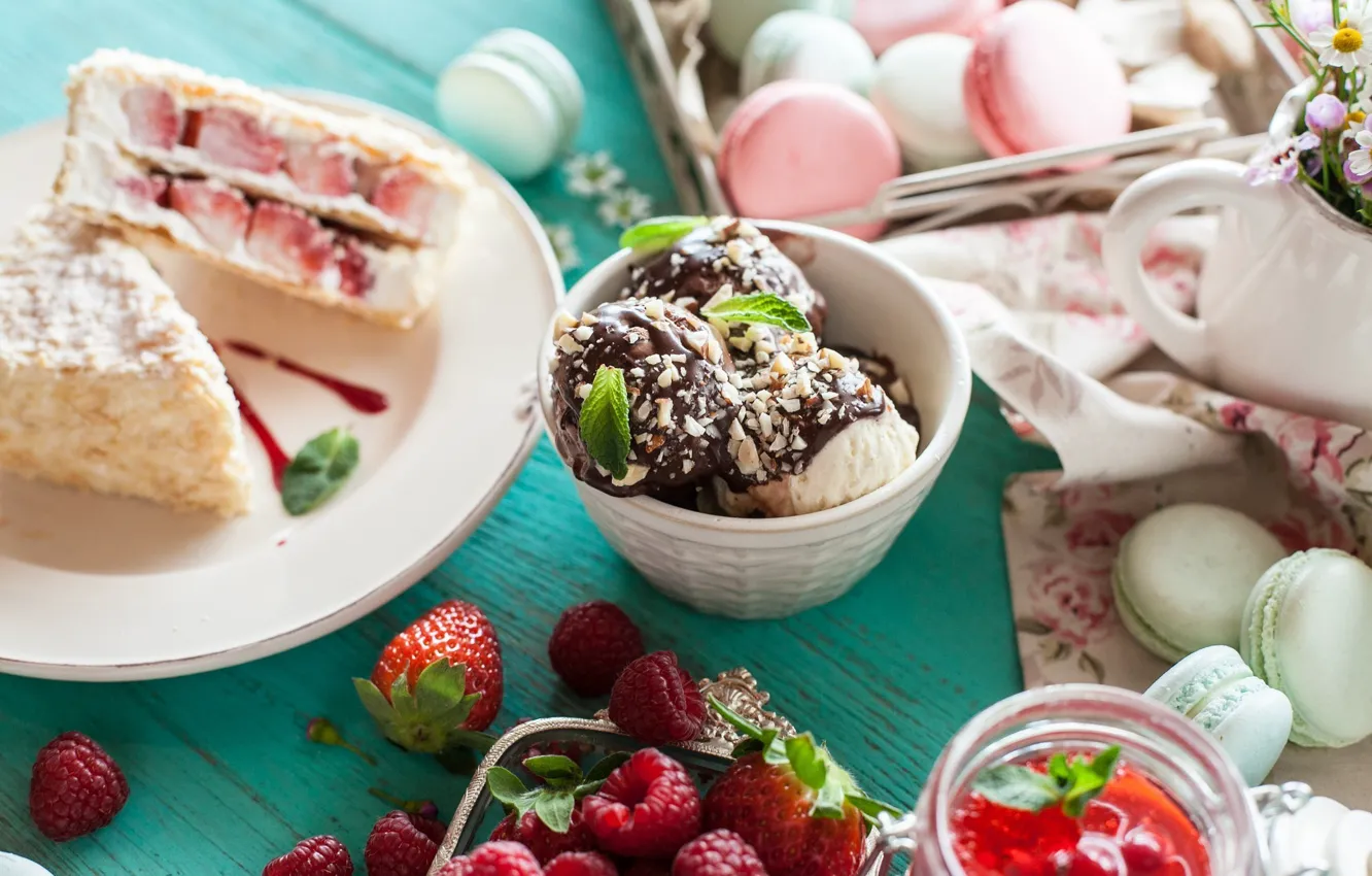 Photo wallpaper berries, raspberry, chocolate, cookies, strawberry, ice cream, cake, dessert